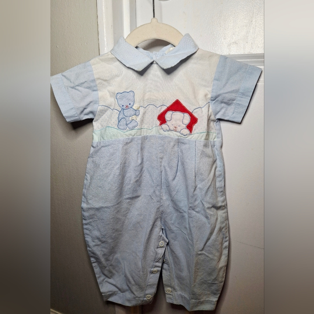 Vintage 80s 🐶🩵🐻Adorable Animal Romper Made in the Philippines (3-6 mo)